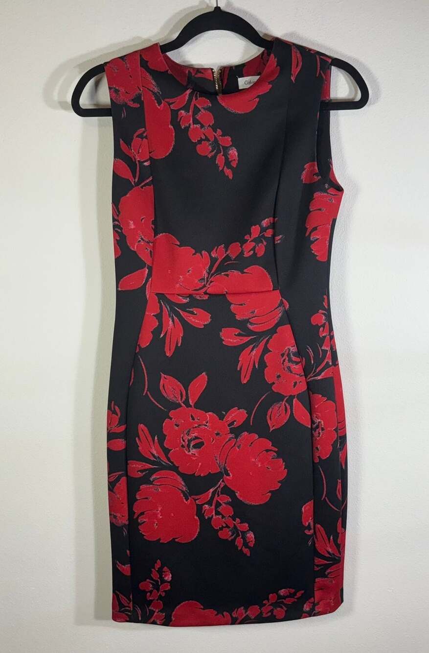 Calvin Klein Womens 6 Black Red Floral Sleeveless Sheath Dress Career Cocktail